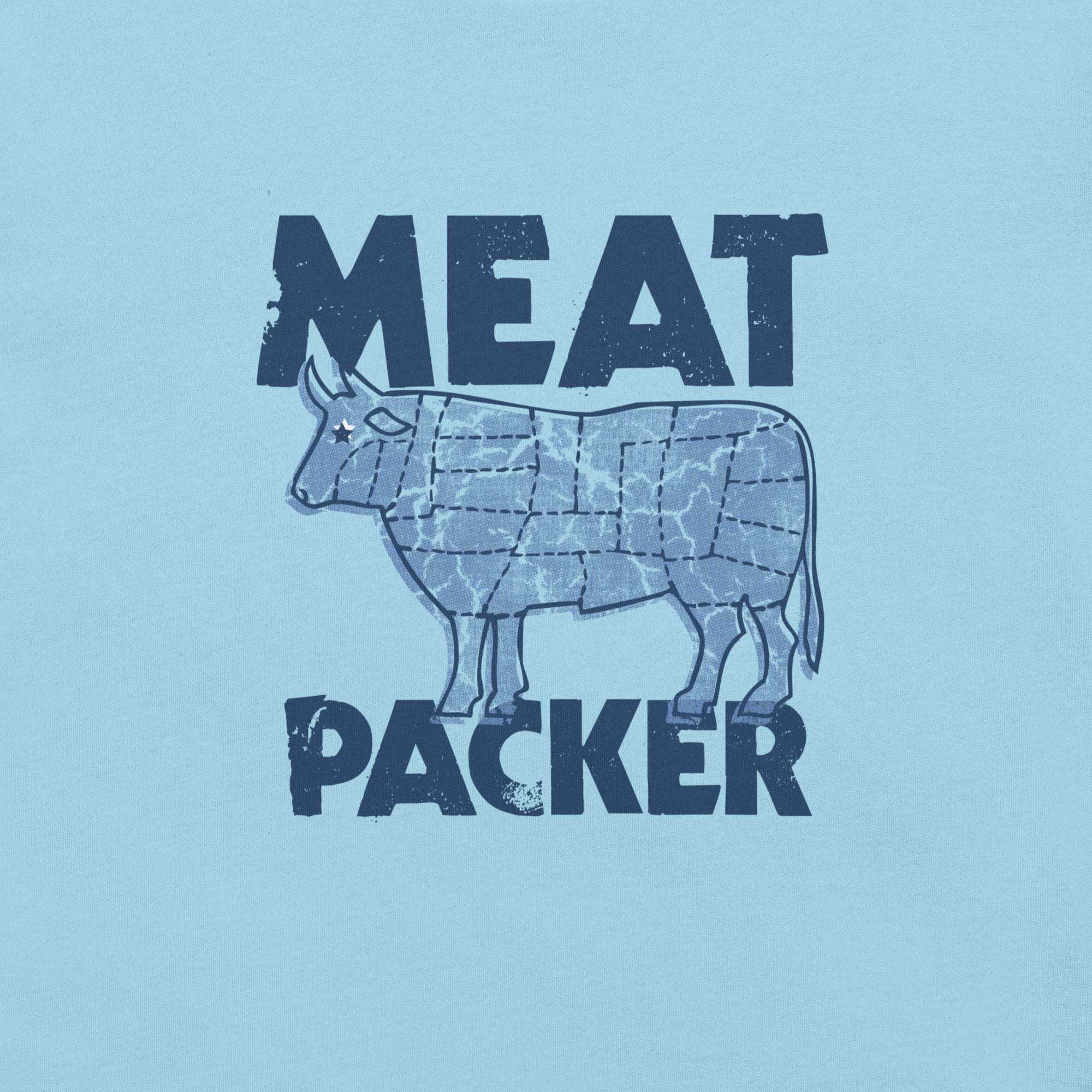 Light blue Meat Packer T-Shirt with a cow graphic and bold text.