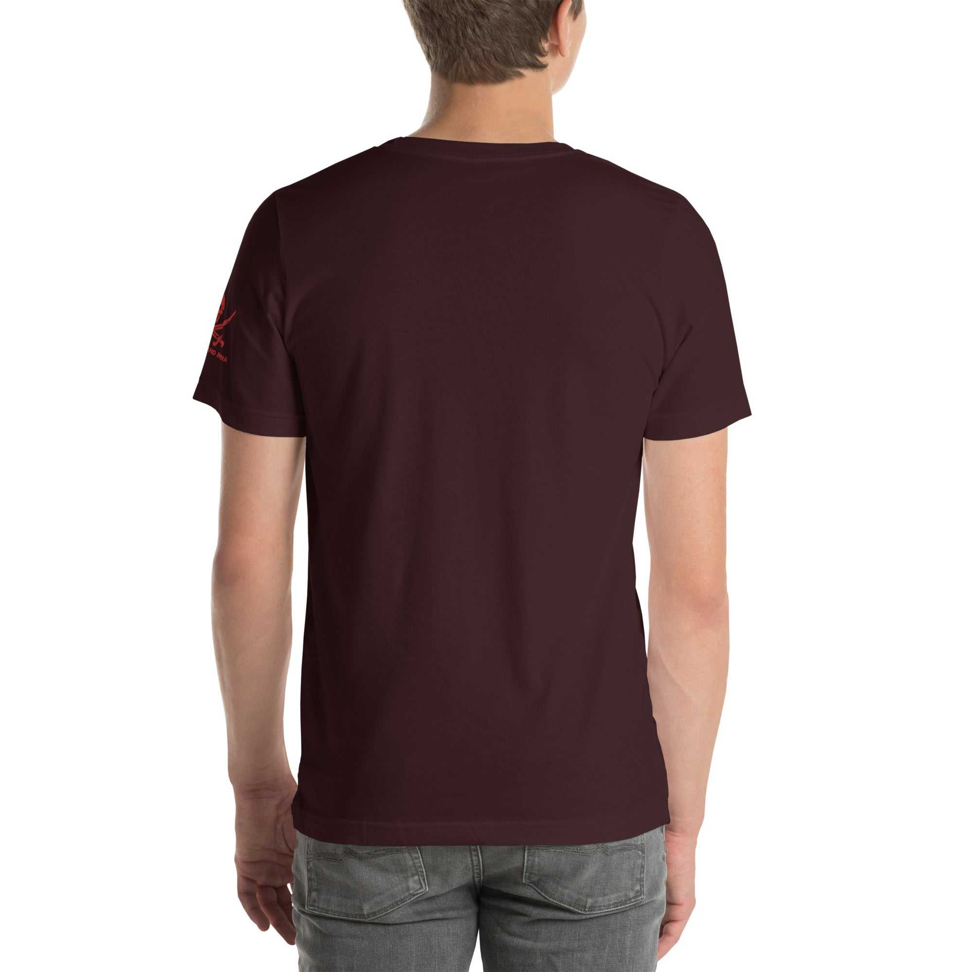 Back view of person wearing a plain dark burgundy Built to Fck T-shirt made of soft cotton.