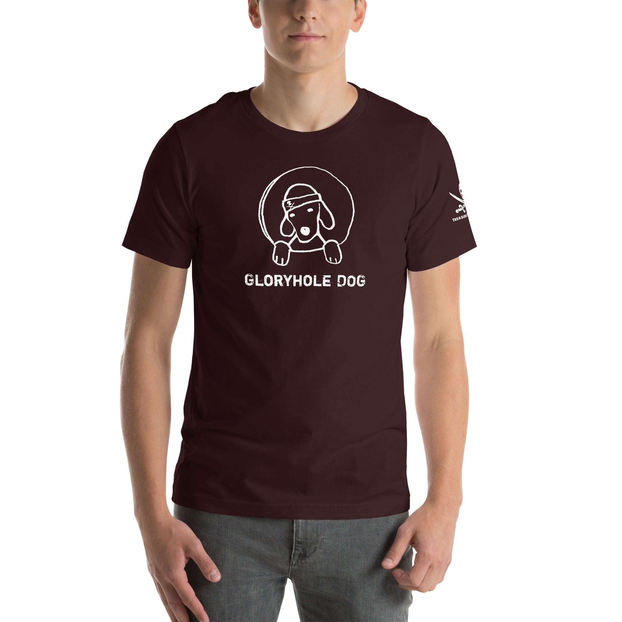 Gloryhole Dog T-shirt with playful dog graphic and crew neckline.