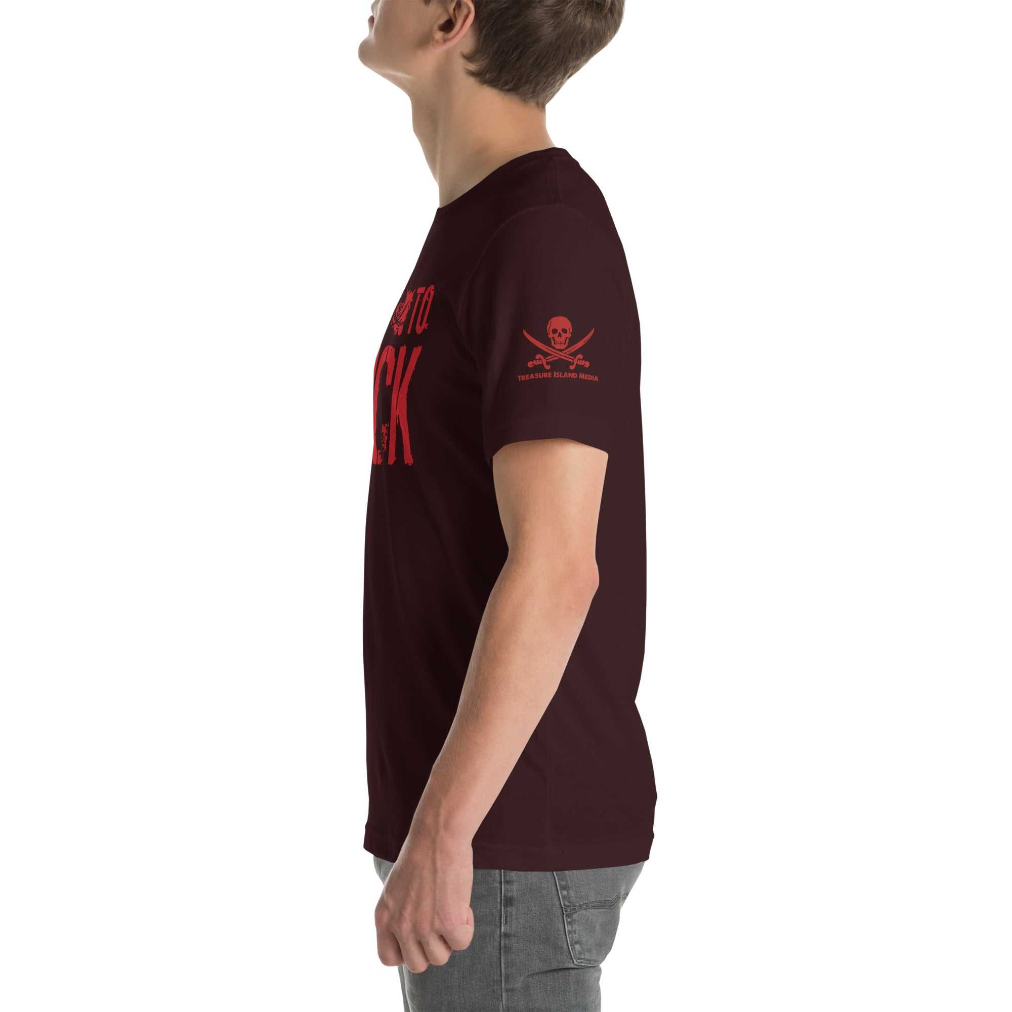 Side view of man wearing a black Built to F*ck T-shirt with red text and skull graphic on sleeve