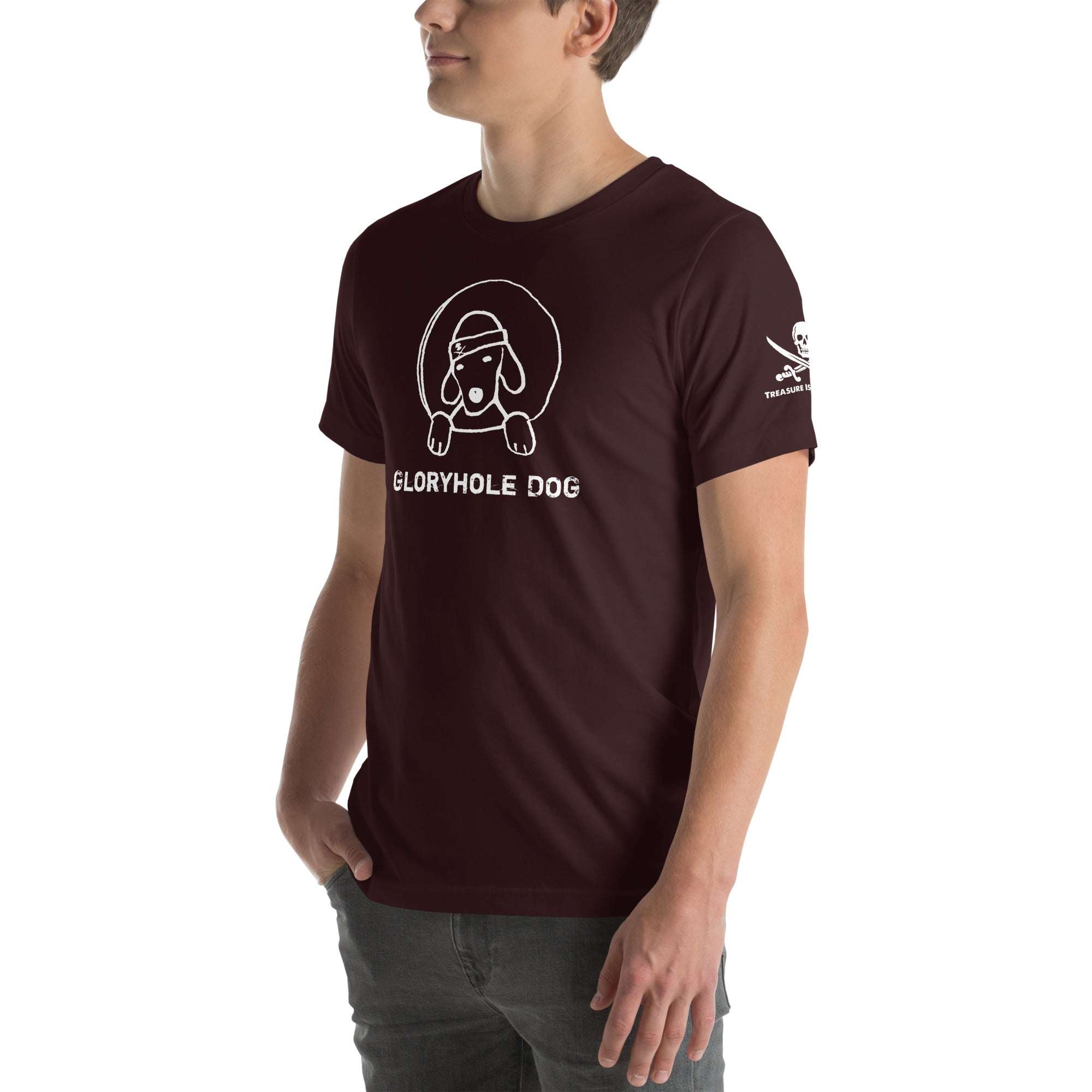 Gloryhole Dog T-shirt with playful dog graphic; fun and quirky cotton apparel.
