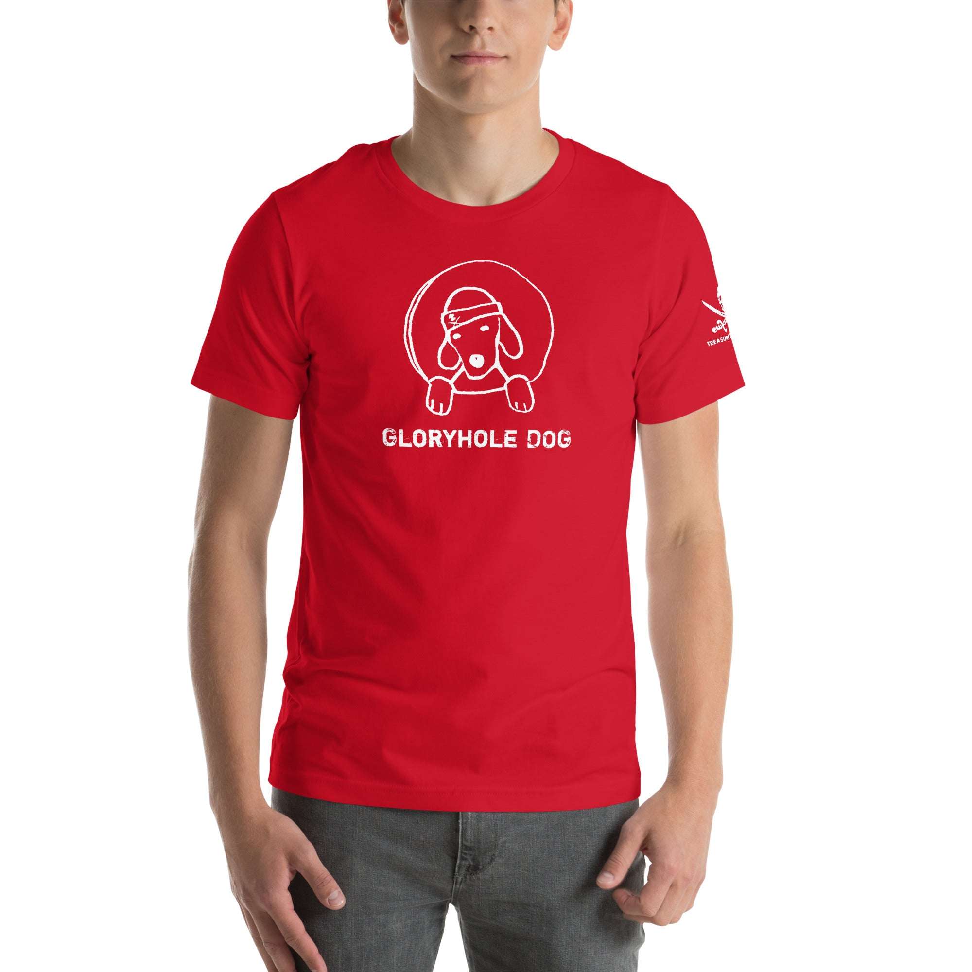 Red Gloryhole Dog T-shirt with playful dog graphic and crew neckline.