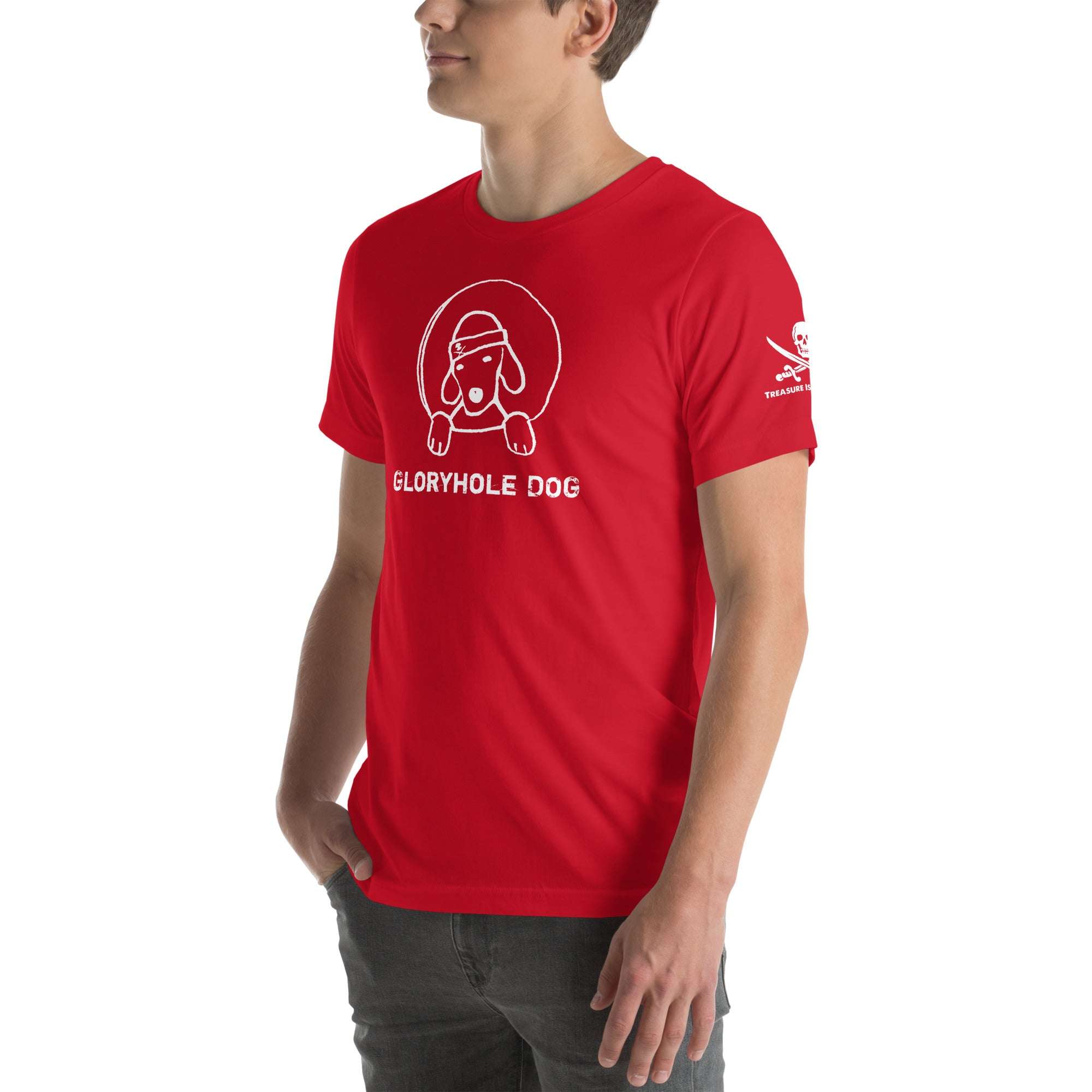 Red Gloryhole Dog T-shirt with playful dog graphic.