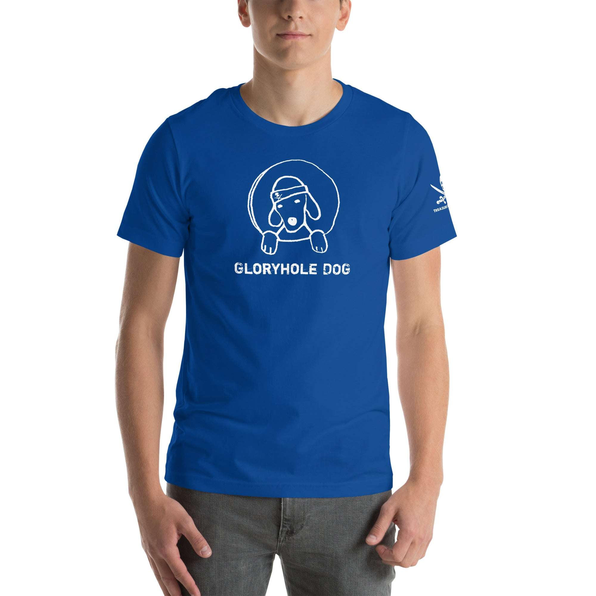 Blue Gloryhole Dog T-shirt with playful dog graphic.