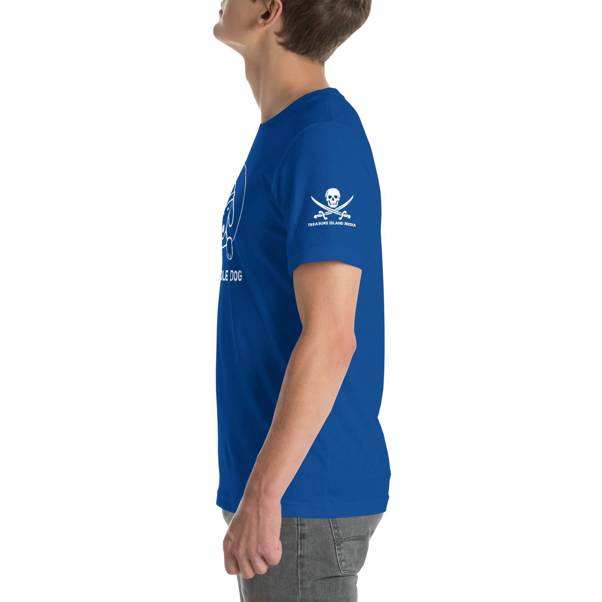 Blue T-shirt featuring a playful dog graphic peeking from a hole.