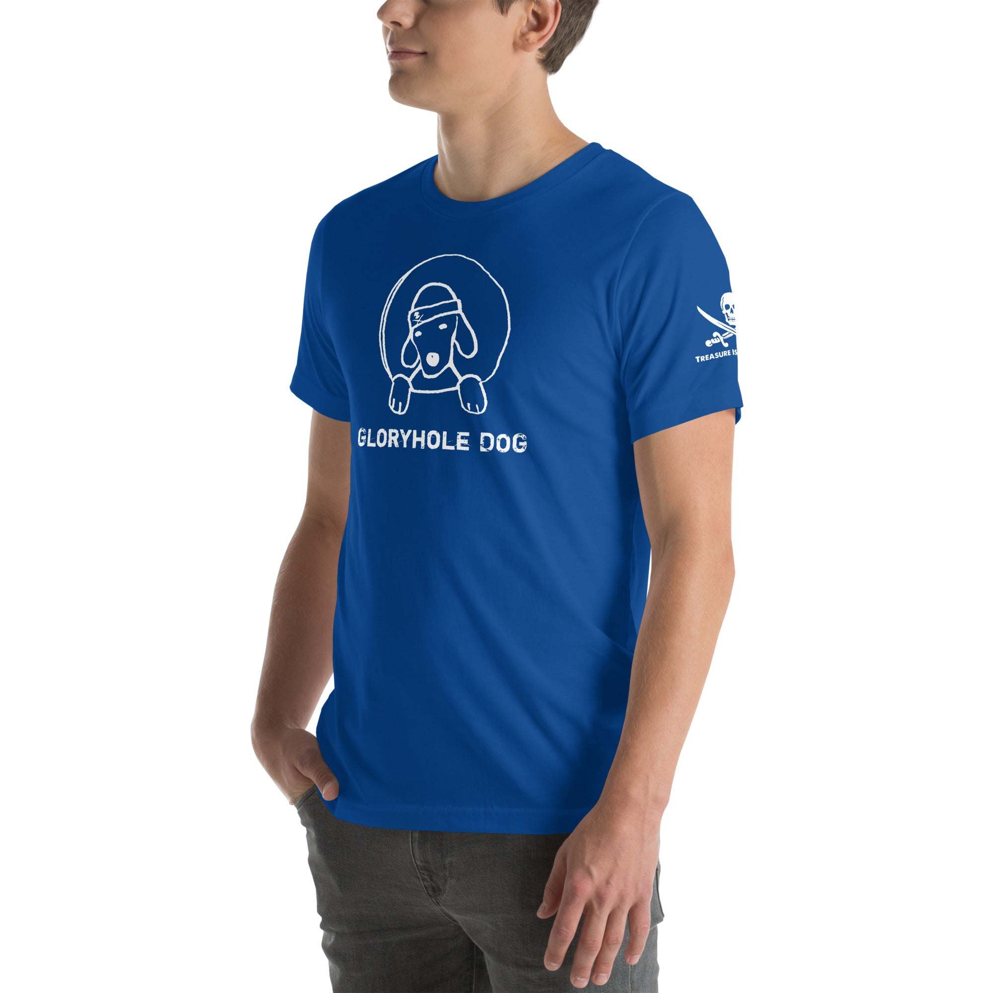 Blue Gloryhole Dog T-shirt with playful dog graphic and crew neckline.