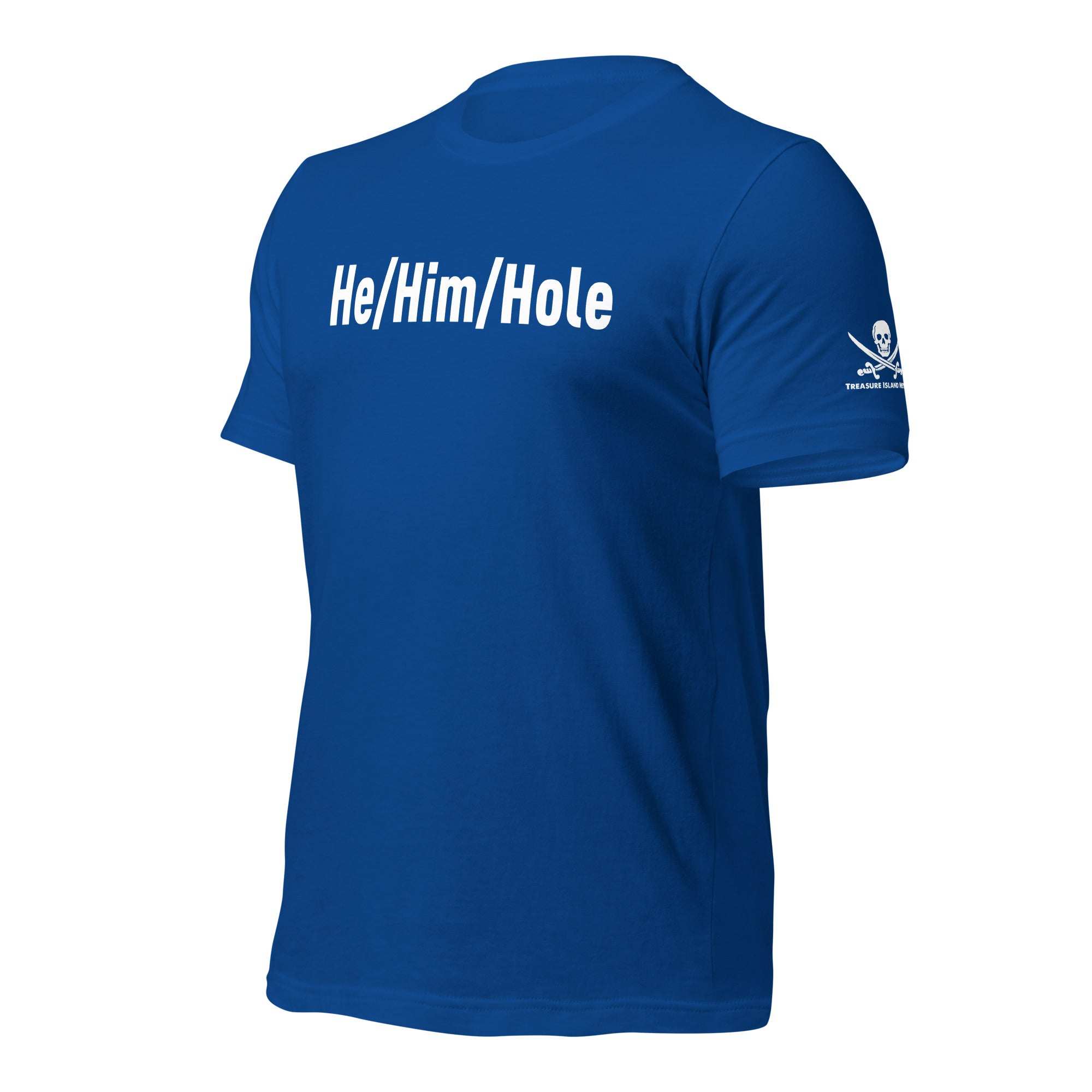 Blue He/Him/Hole T-shirt made of soft breathable cotton with white text and skull logo on sleeve