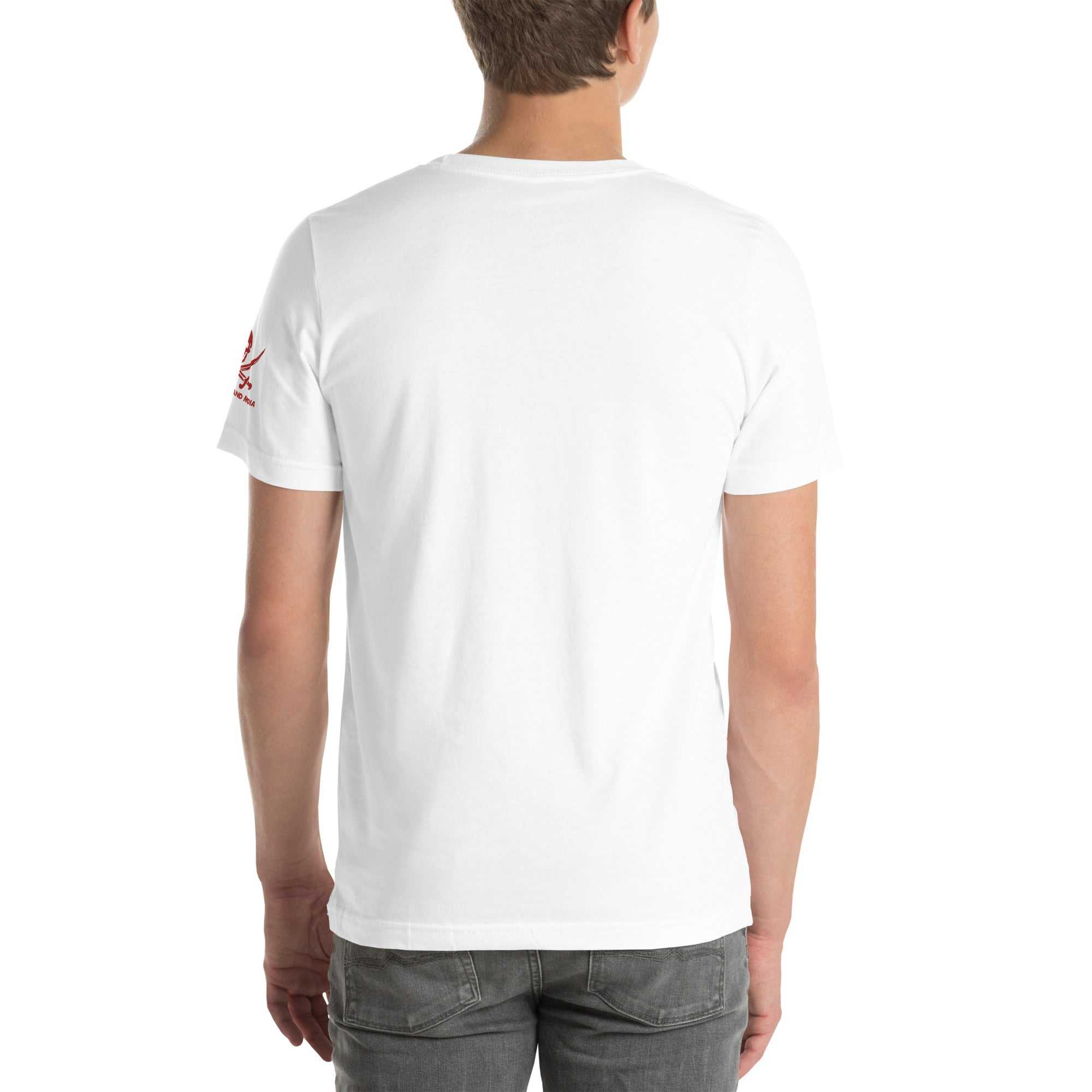 Back view of person wearing white Built to F*ck T-shirt made of soft cotton with bold design on sleeve