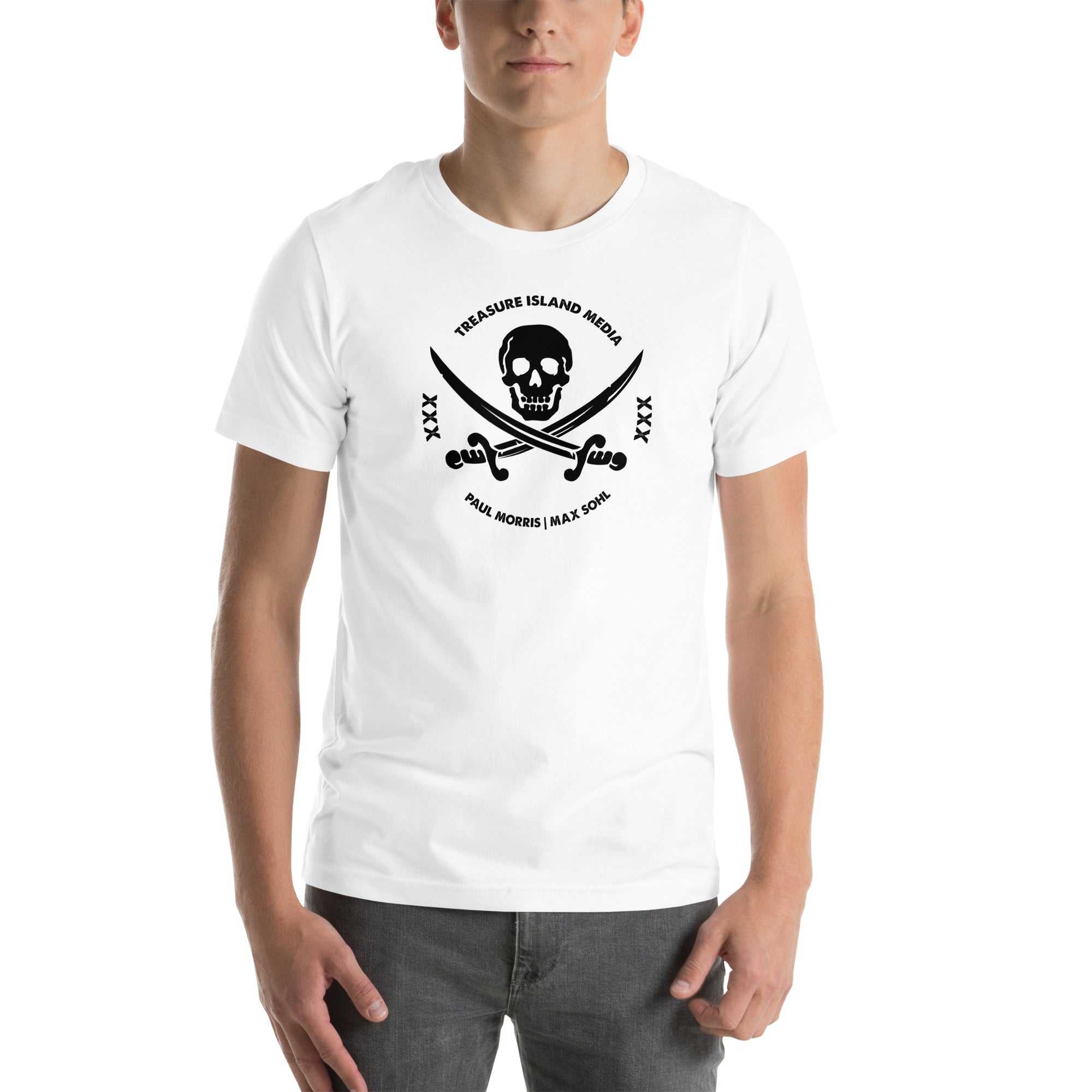 Man wearing a black TIMXXX logo t-shirt made of high-quality cotton.