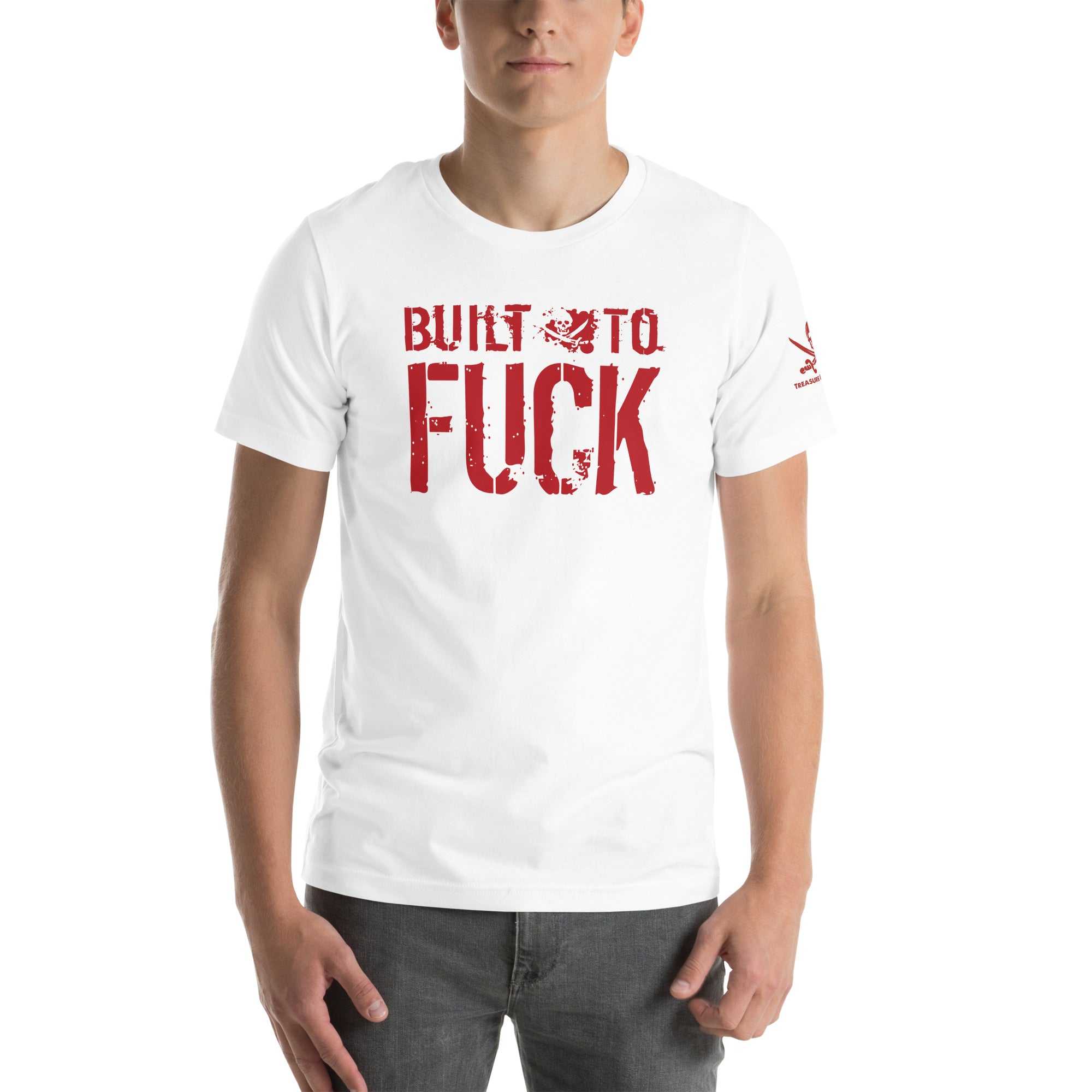 Man wearing white Built to F*ck T-shirt with bold red text on front and small graphic on sleeve, paired with dark jeans.