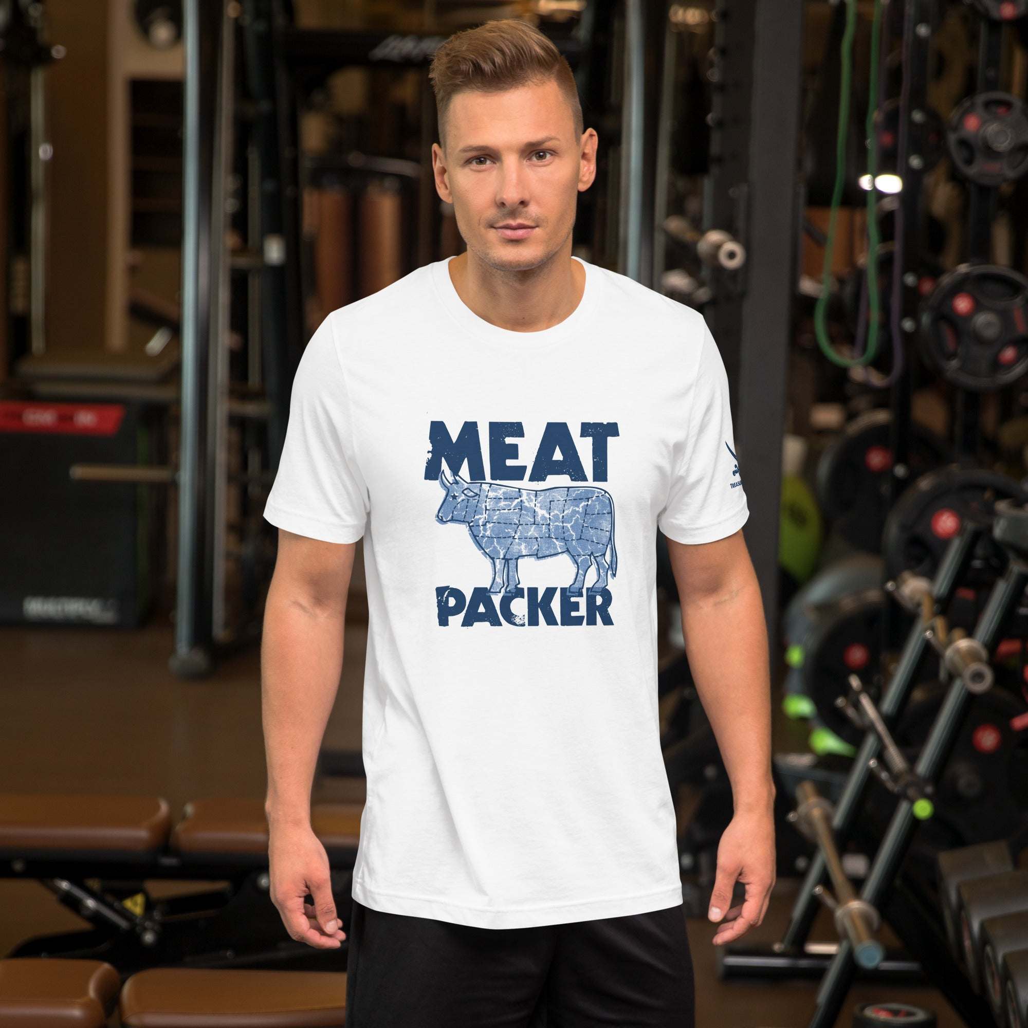 Meat Packer T-Shirt with stylish fit and eco-friendly design in gym setting.
