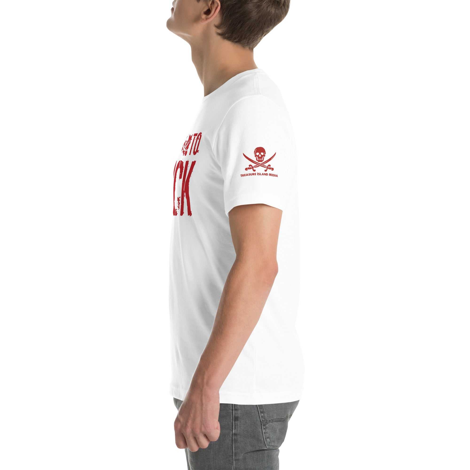Side view of a man wearing a white Built to Fck T-shirt with red text and a skull and crossbones graphic on the sleeve.