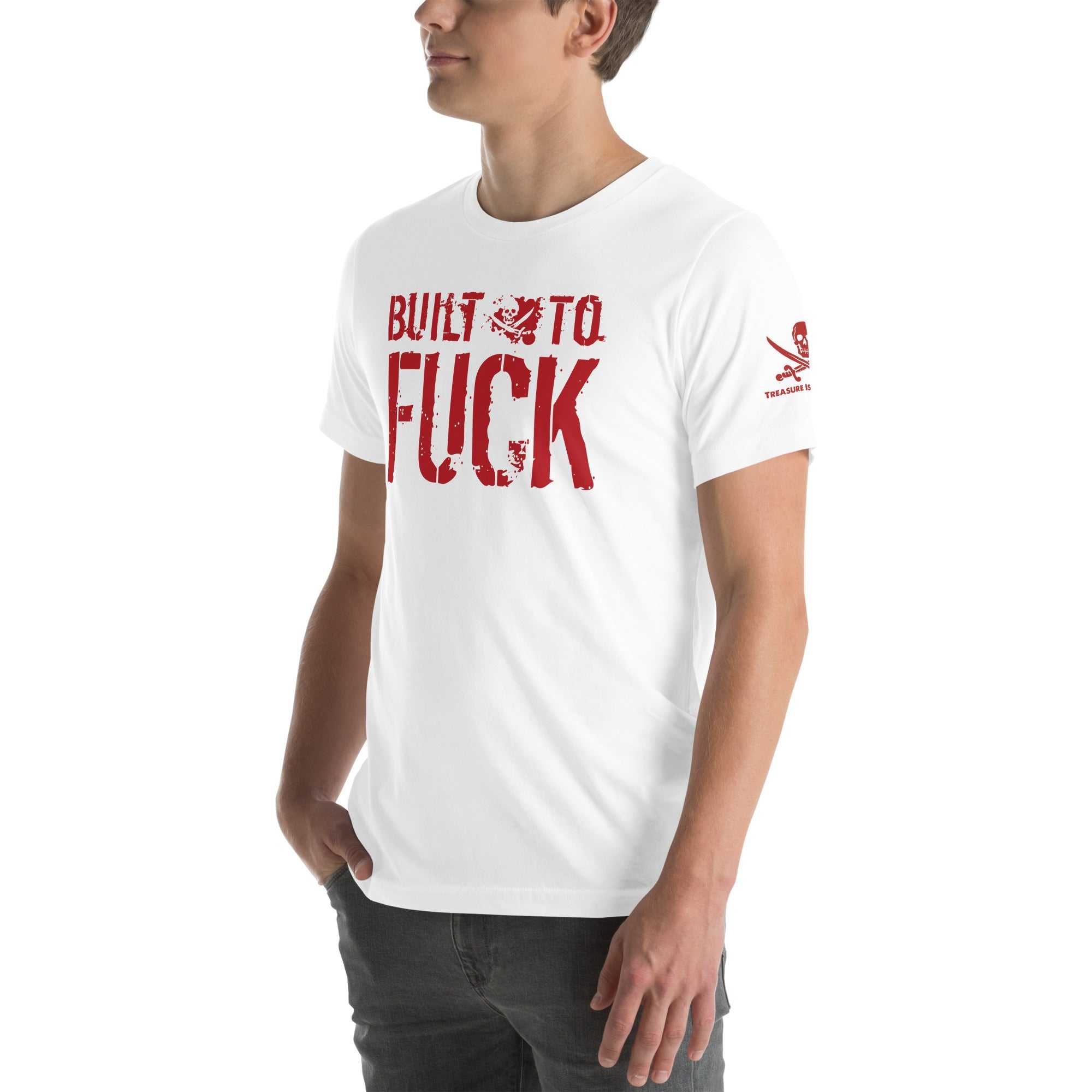 White Built to Fck T-shirt with bold red text and skull graphic, worn by male model