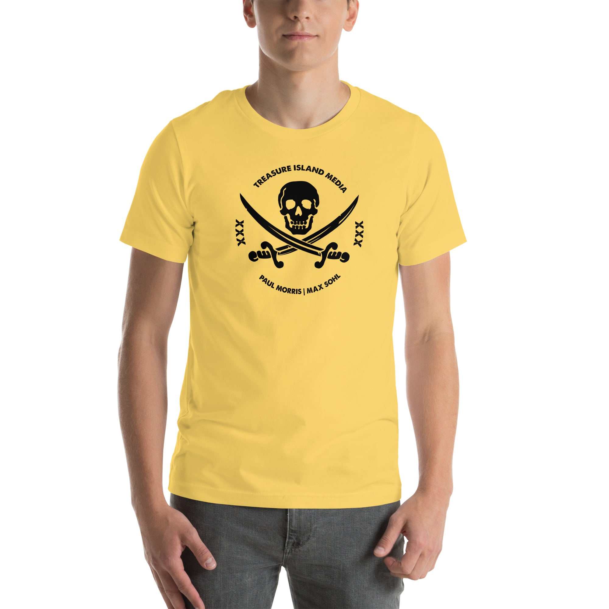 Man wearing TIMXXX Black Logo T-Shirt, featuring iconic logo on the front, paired with jeans.