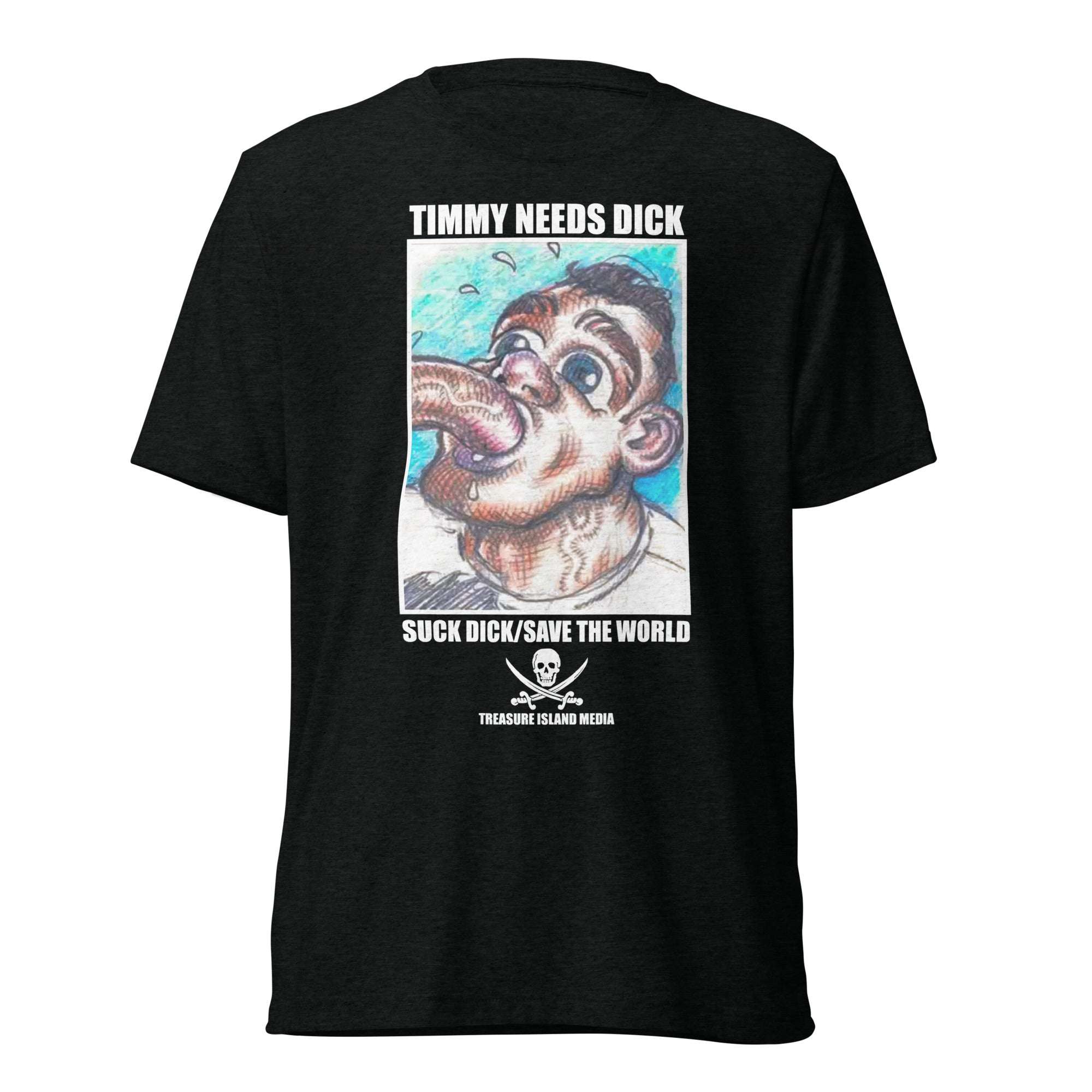 Black Timmy Needs DICK T-shirt with cartoon graphic and bold text on the back, tri-blend vintage fit, durable and comfortable fabric.