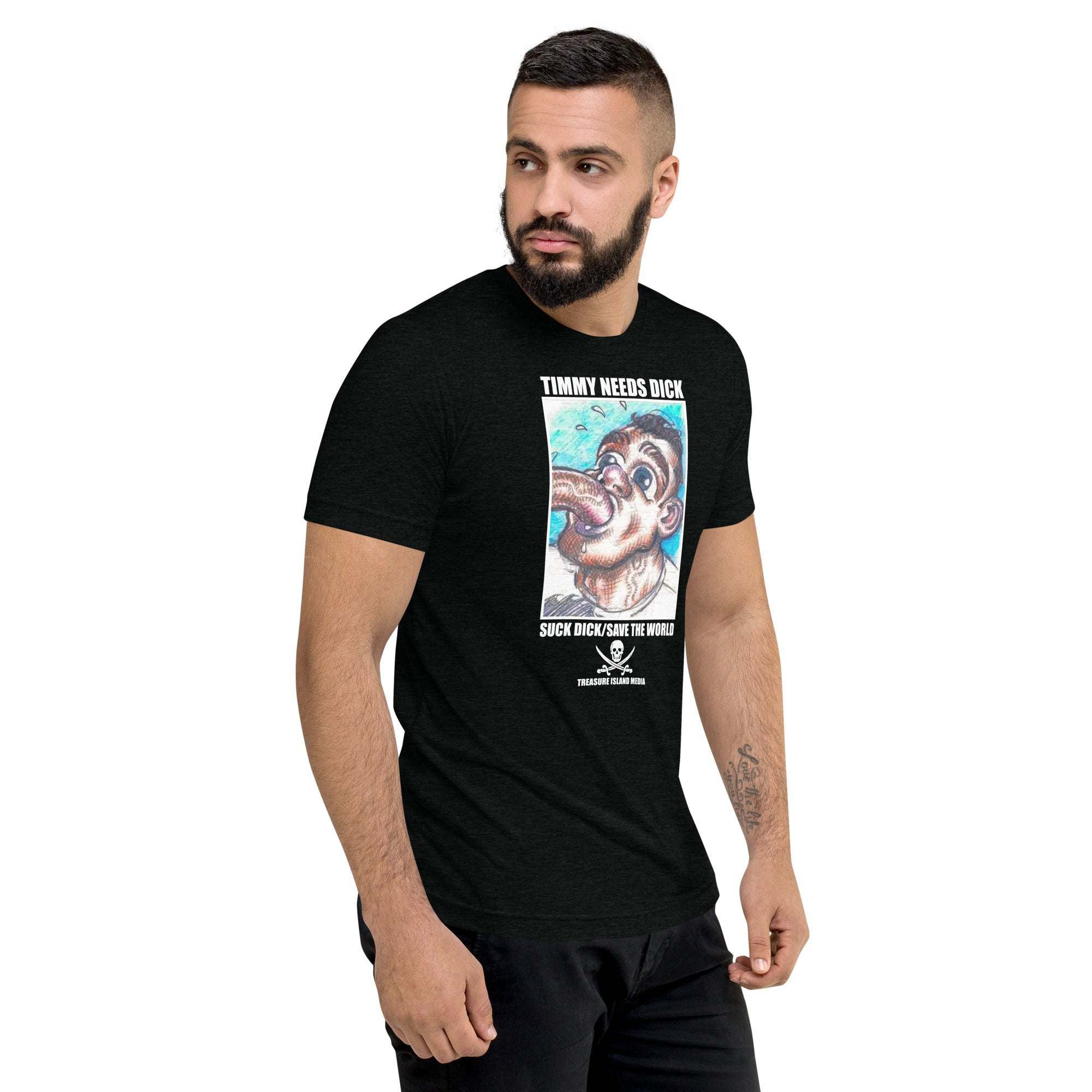 Man wearing black Timmy Needs DICK T-shirt with graphic print and regular fit tri-blend fabric.