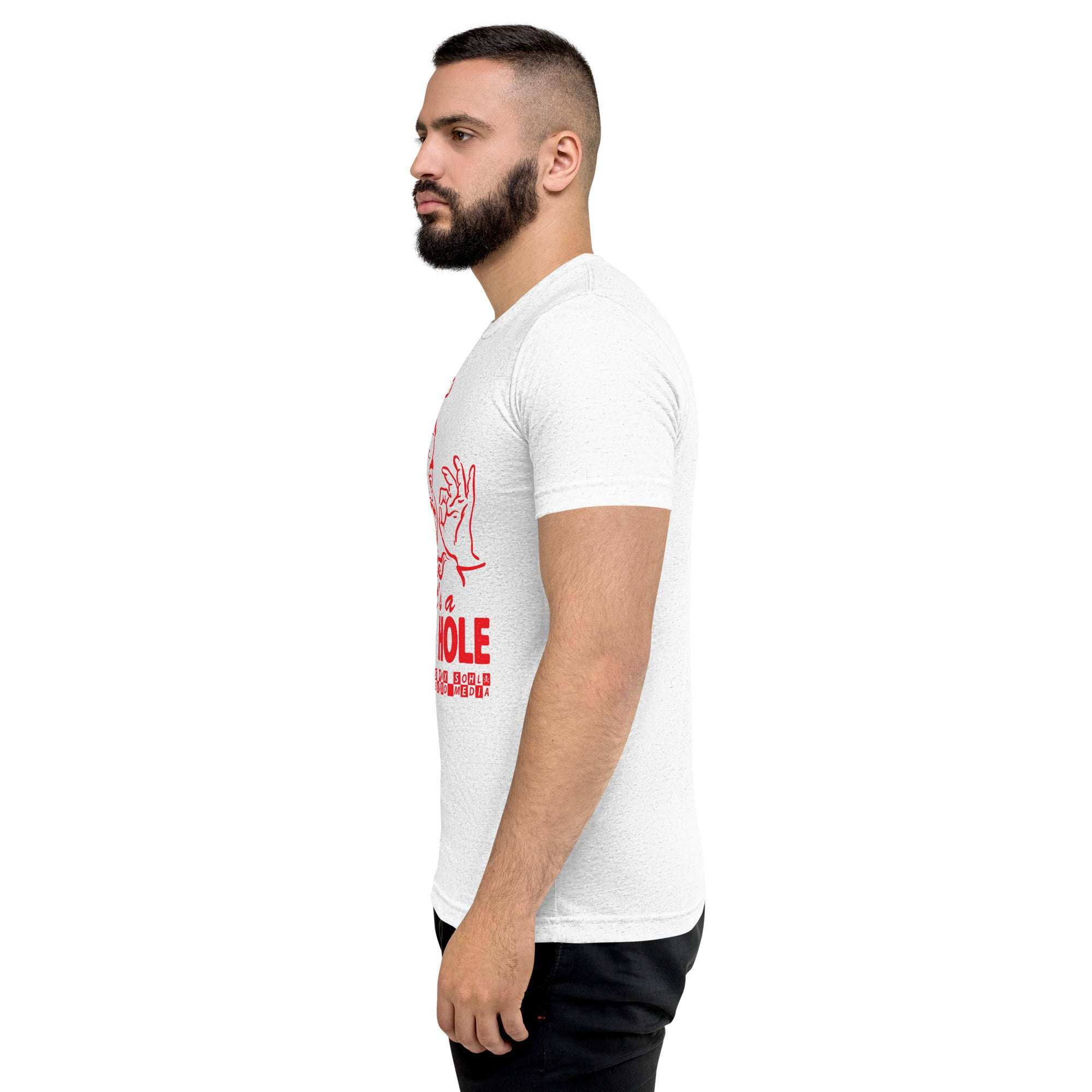 Man wearing white "That's a Good Hole" t-shirt with red graphic standing in profile view