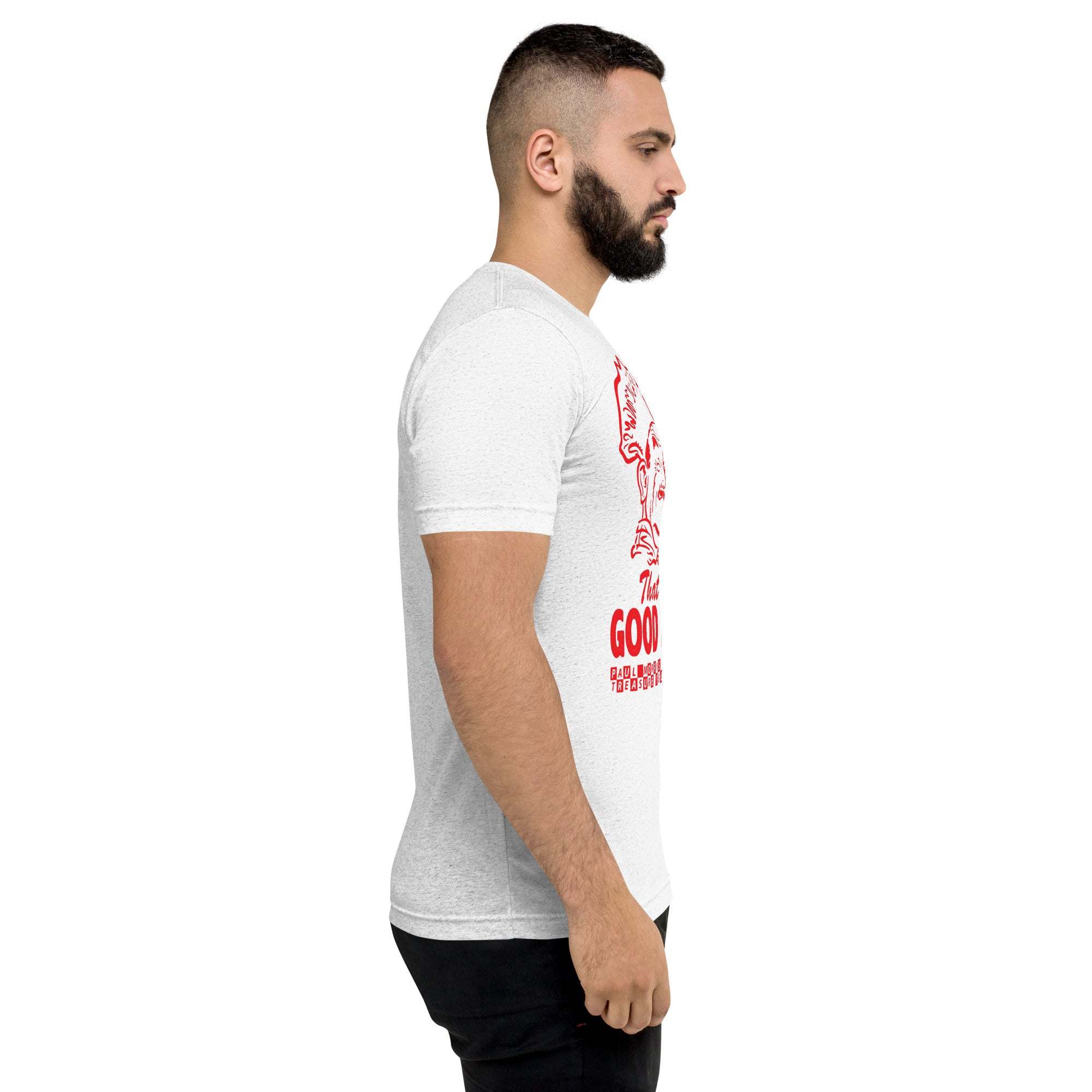 Man wearing white "That's a Good Hole" t-shirt with red graphic, side view.