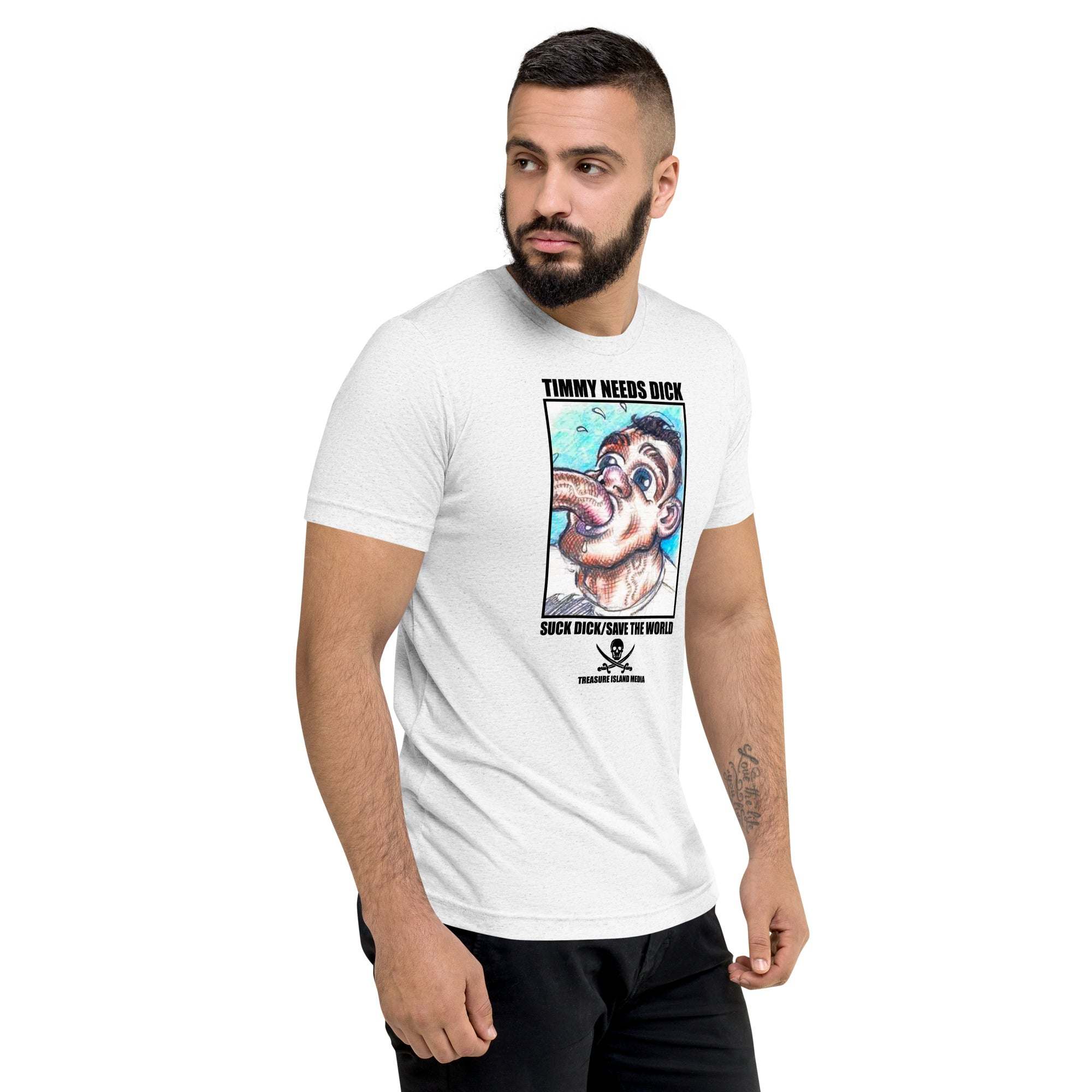 Man wearing white Timmy Needs DICK! graphic t-shirt with vintage tri-blend fabric and fitted look
