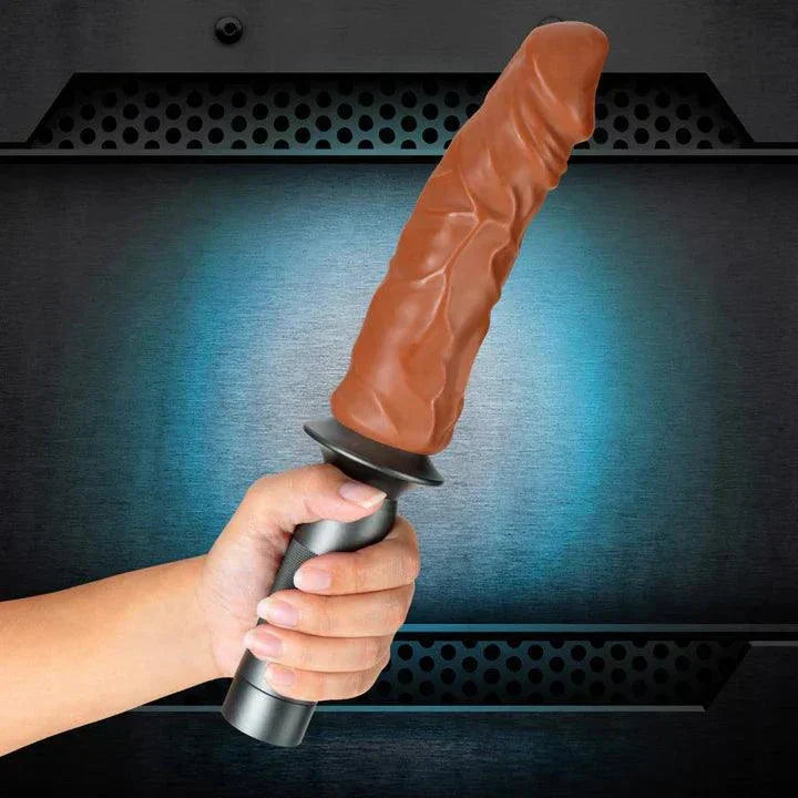 Blush Lock On Karbonite realistic 7.75-inch dildo with black aluminum handle and suction cup adapter held in hand against a dark futuristic background