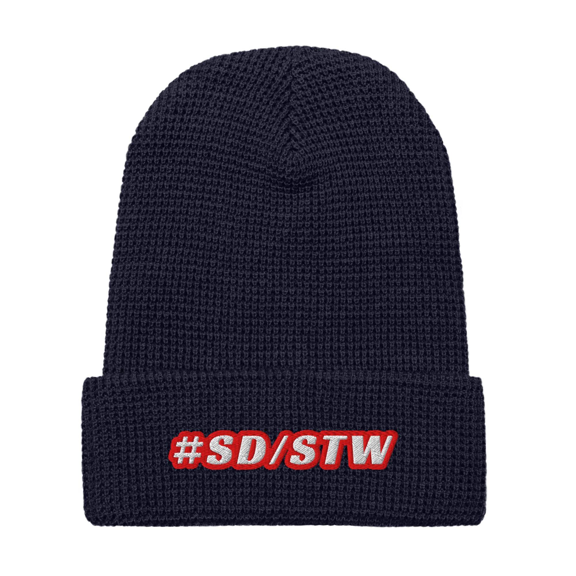 Black waffle knit beanie with "#SD/STW" embroidered patch, warm and stylish winter accessory