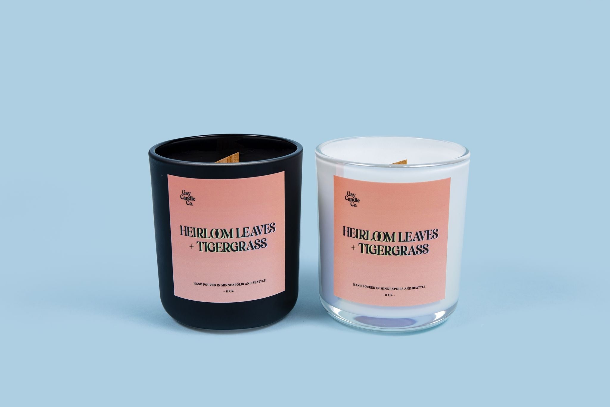 Candles: Heirloom Leaves + Tigergrass by Gay Candle Co in black and clear jars, 2 candles