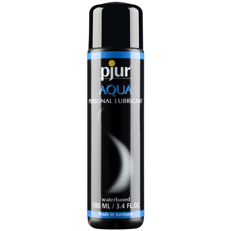 Pjur Aqua Water-Based Personal Lubricant 3.4 oz. bottle with black packaging and blue accents.