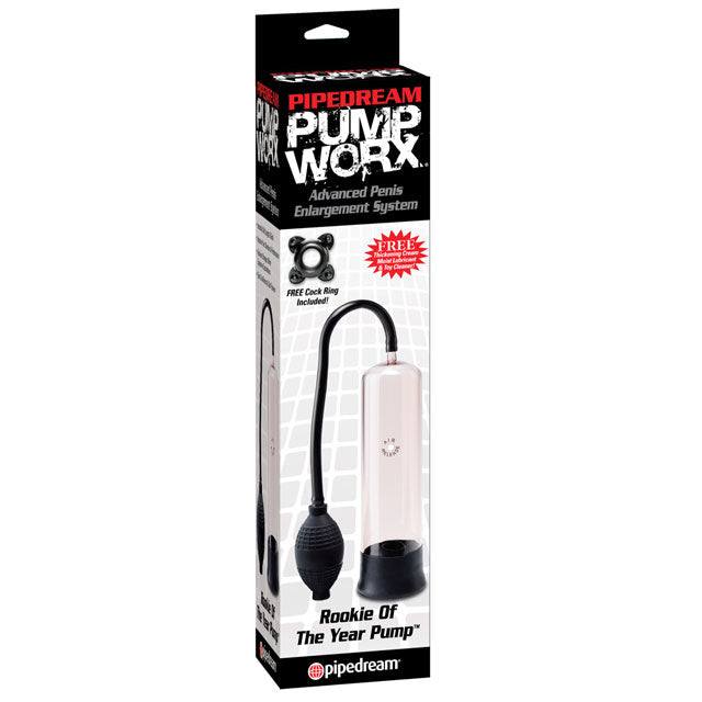 Pipedream Pump Worx Rookie of the Year Pump in clear and black, beginner's performance enhancement pump with pressure gauge.
