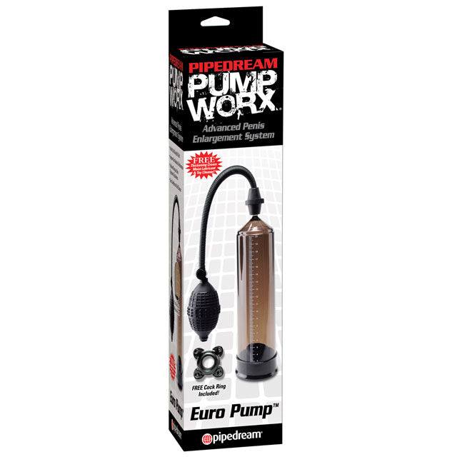 Pipedream Pump Worx Euro Pump Black with transparent cylinder and pump handle in packaging.