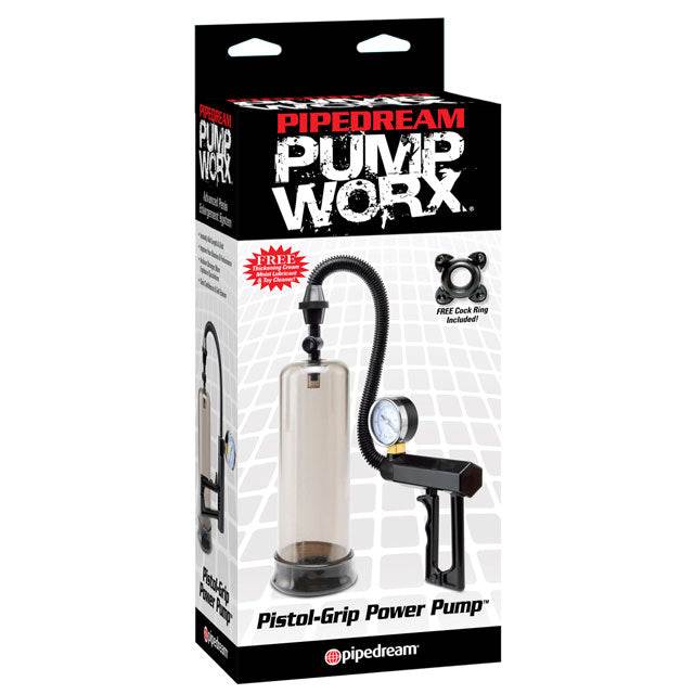 Pipedream Pump Worx Pistol-Grip Power Pump Clear Black packaging and product.