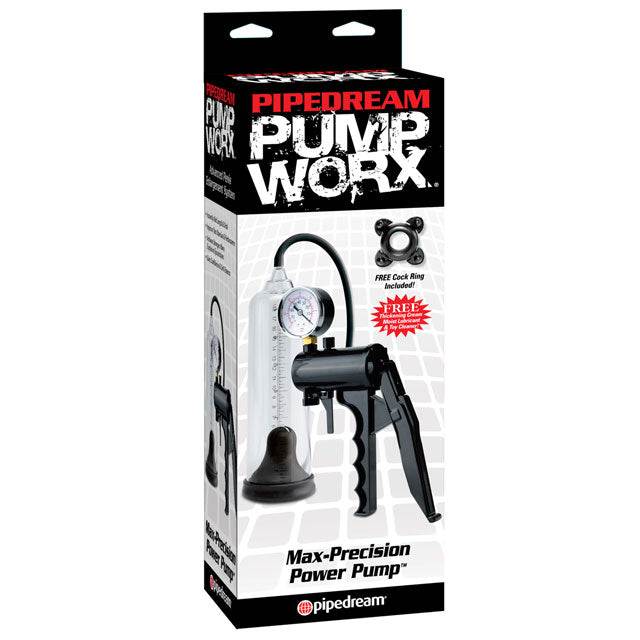 Pipedream Pump Worx Max-Precision Power Pump in clear and black with ergonomic grip and pressure release valve.