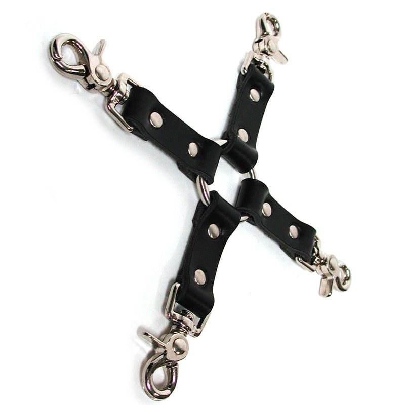 KinkLab Leather Hog Tie Straps in sleek black with adjustable design and central O-ring for bondage play.