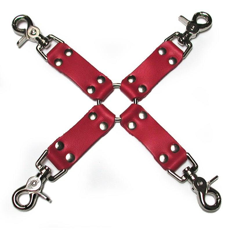 Red KinkLab Leather Hog Tie Straps with metal clips for adjustable bondage restraint