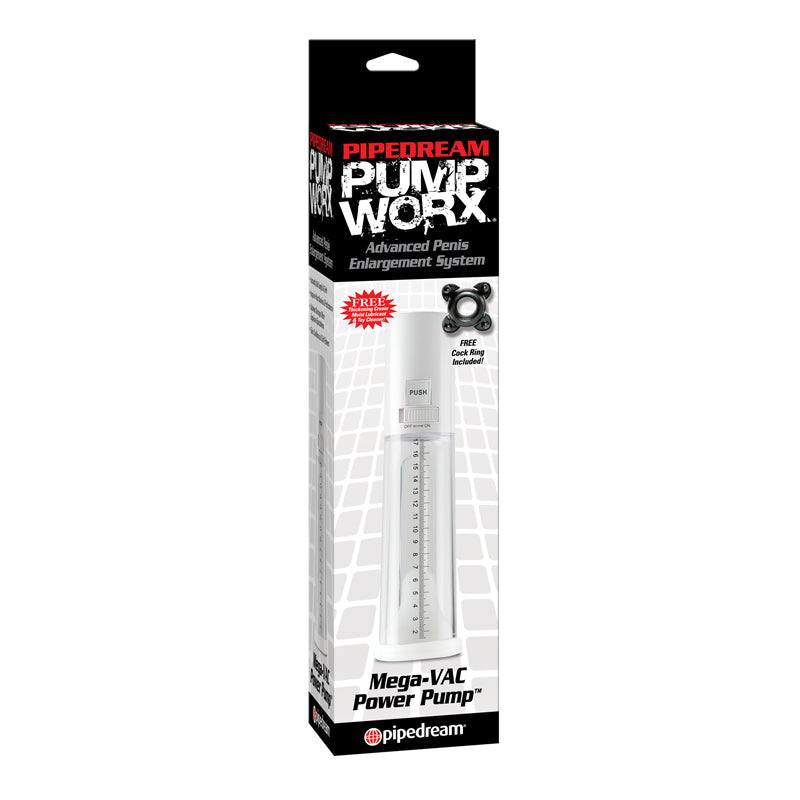 Pipedream Pump Worx MEGA-VAC Power Pump ClearWhite in packaging, featuring advanced penis enlargement system.