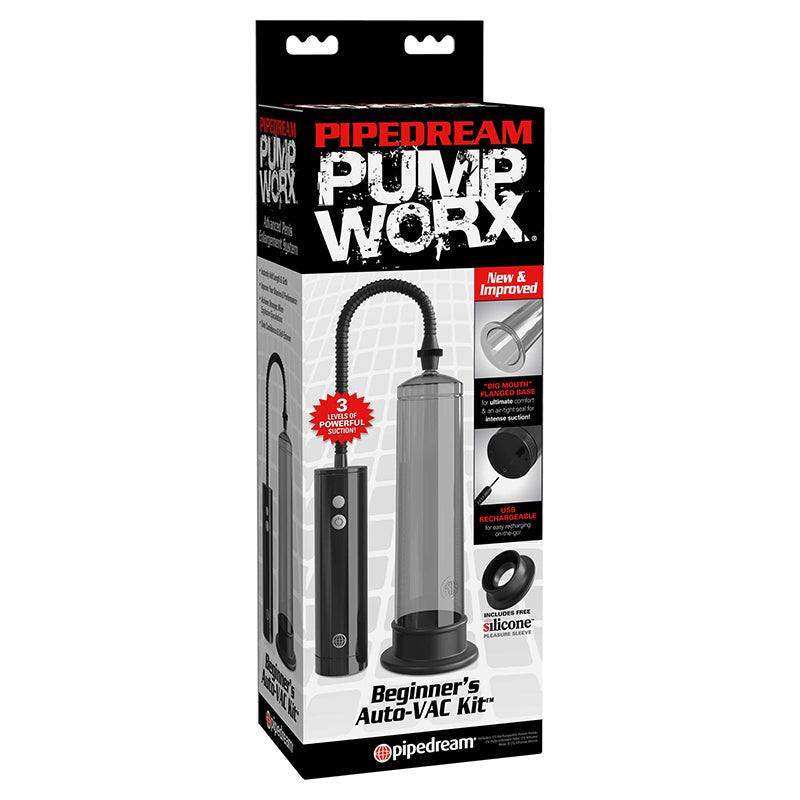 Pipedream Pump Worx Rechargeable Beginner's Auto-VAC Kit in black with interchangeable sleeves and USB-compatible pump.