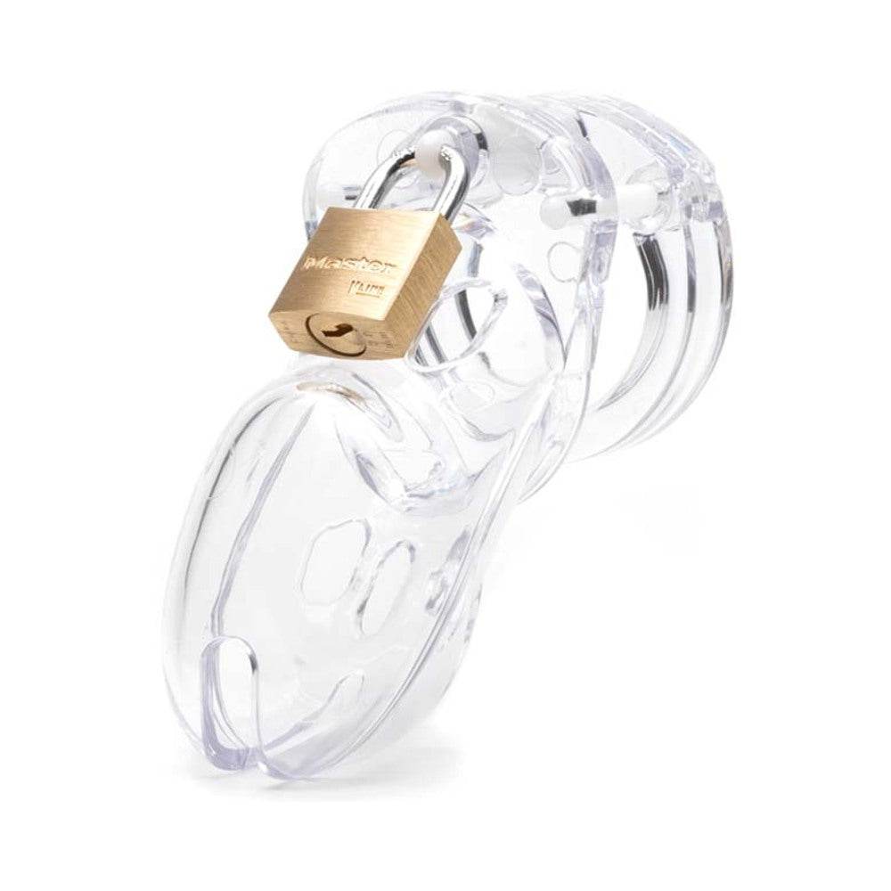 CB-3000 Clear Male Chastity device with lock, transparent polycarbonate design.
