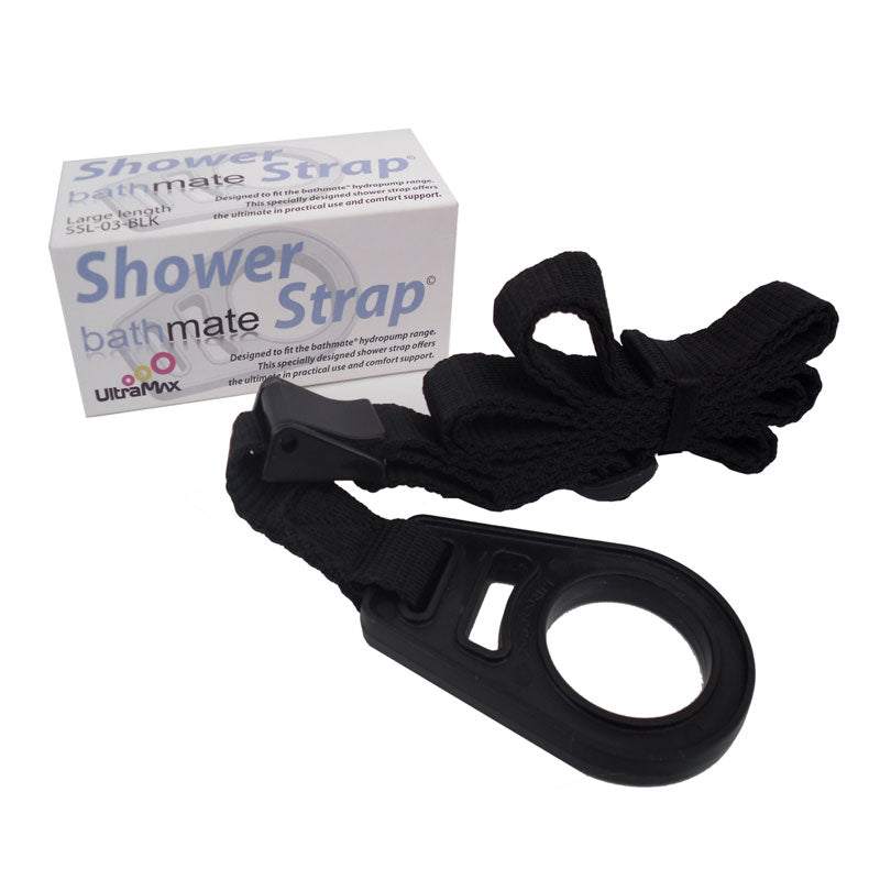 Black adjustable Bathmate Shower Strap with a plastic attachment ring and clip, next to its branded packaging box.