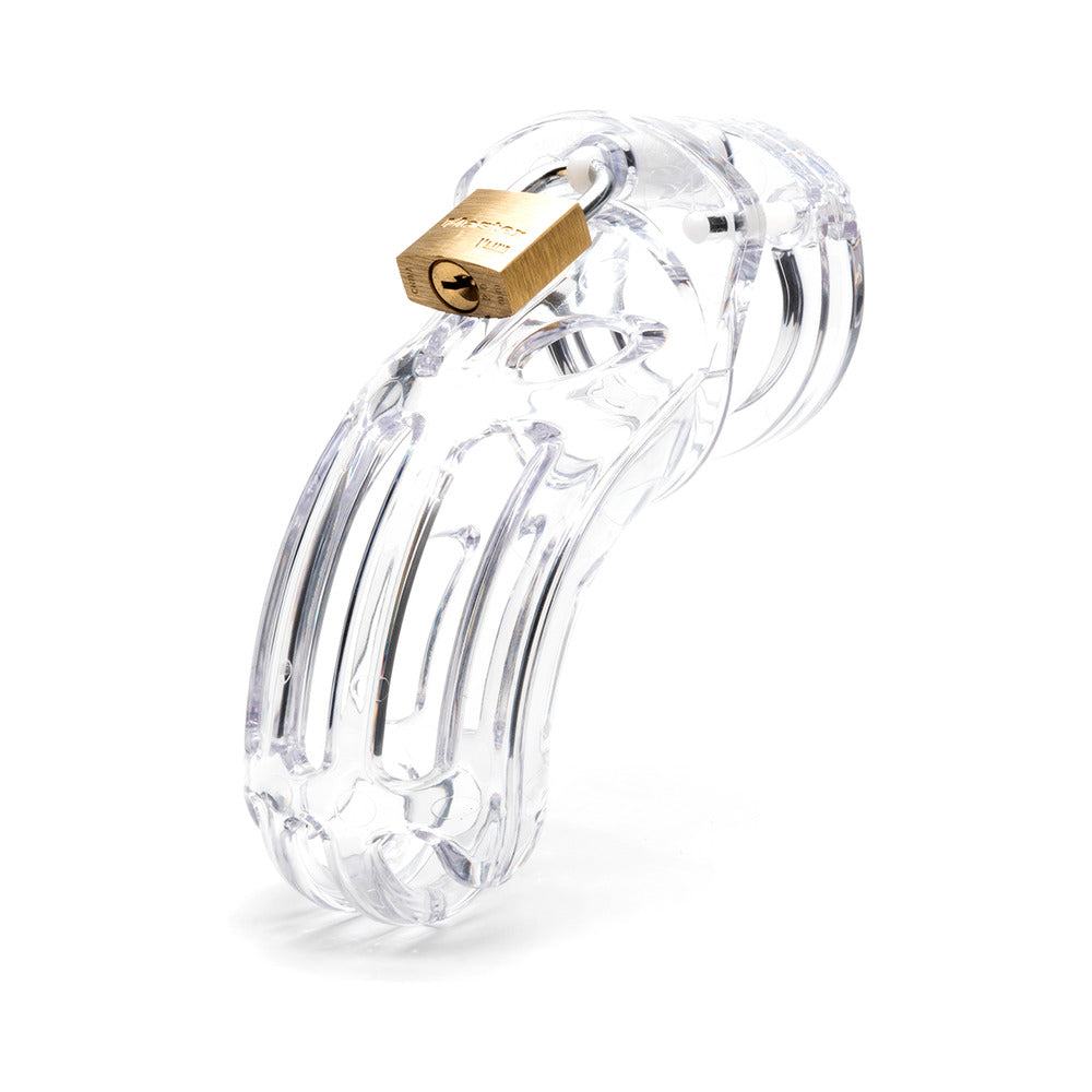 The Curve Male Chastity Device clear locking male chastity cage with brass padlock
