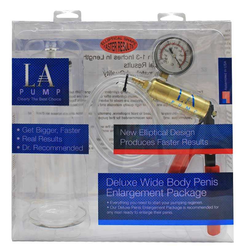 LA Pump Wide Body 2in Cylinder & Deluxe Pump packaging with premium-grade penis pump and accessories.