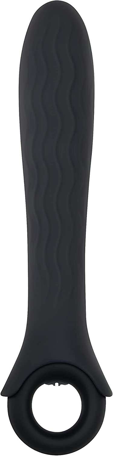 Black wavy textured silicone vibrator with ring handle and blue LED light for enhanced pleasure.