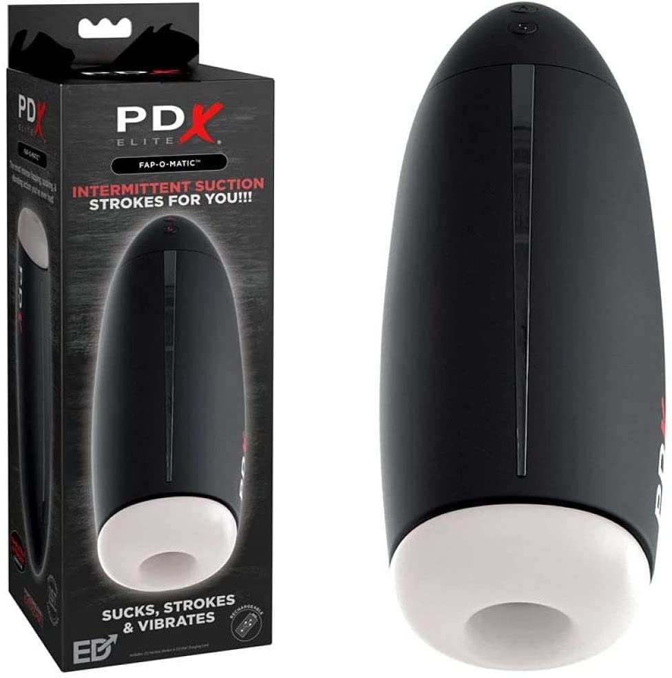 PDX Elite Fap-O-Matic Stroker with box, featuring sleek design and lifelike sleeve.