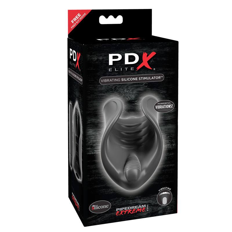 PDX Elite Vibrating Silicone Stimulator Stroker Black packaging with textured sleeve and vibration features.