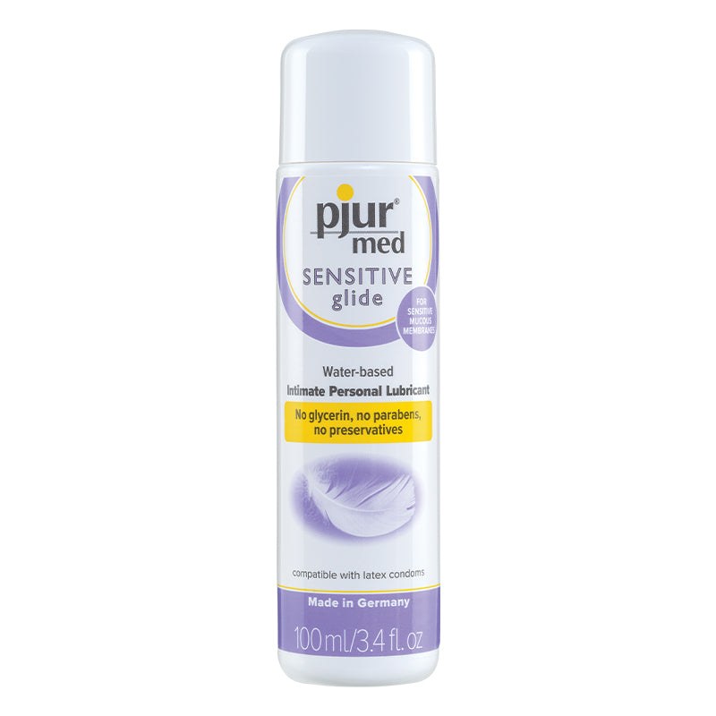 Pjur Med Sensitive Glide 100ml water-based lubricant for sensitive skin, hypoallergenic, fragrance-free, no additives.