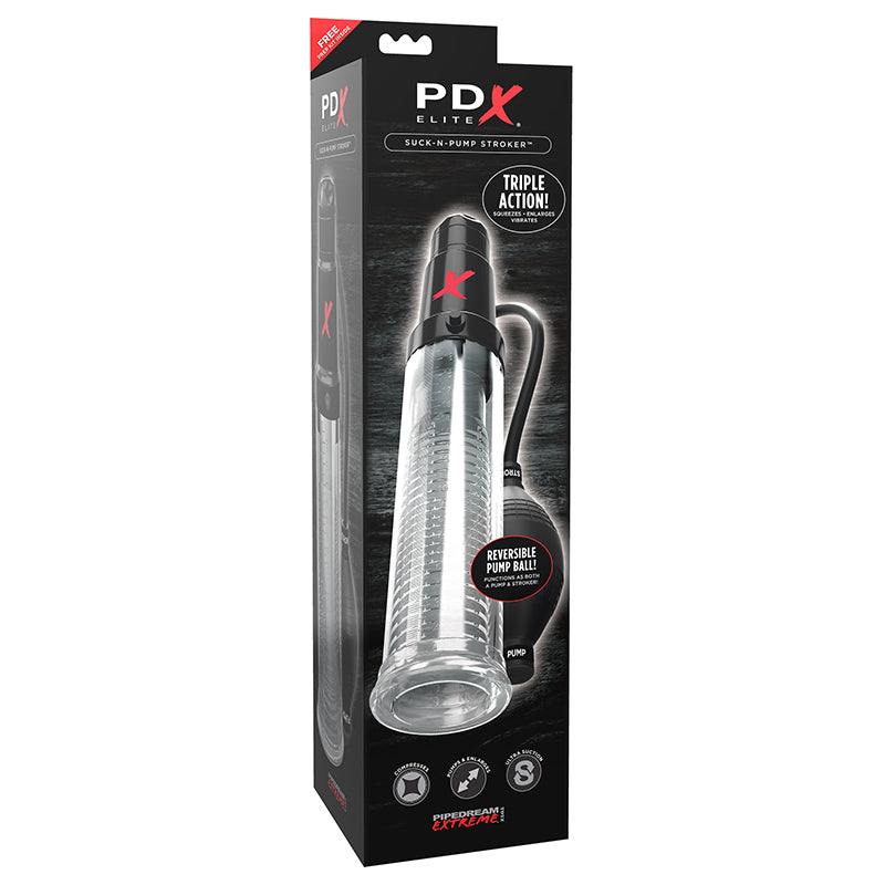 PDX Elite Suck-N-Pump clear vibrating penis pump and stroker with suction pump and textured sleeve in retail packaging