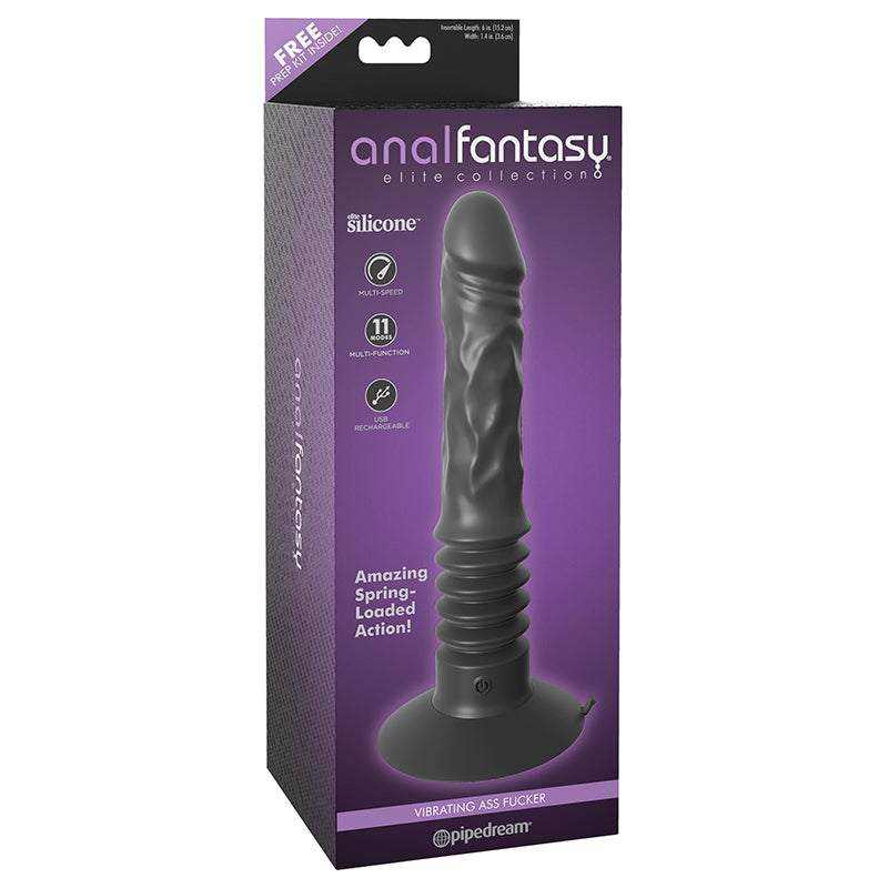Pipedream Anal Fantasy Elite Collection rechargeable silicone vibrating ass fucker in black with textured design and multiple vibration settings.