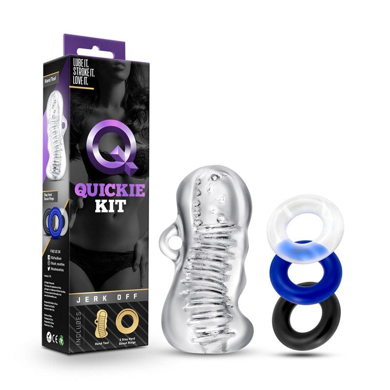 Clear Quickie Kit Jerk Off Stroker with ribbed texture and 3-piece clear and blue cockring set for enhanced pleasure