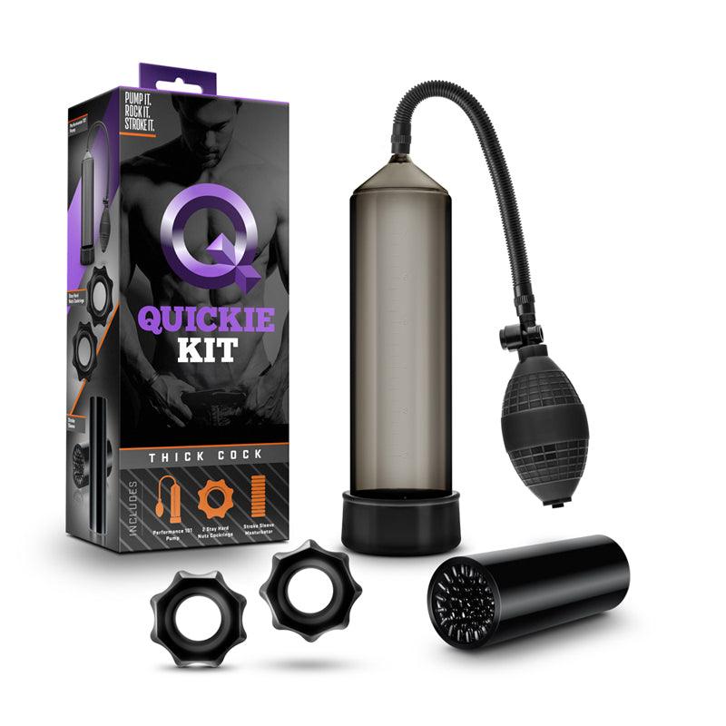 Quickie Kit Thick Cock Pump set with black pump, stroker, and two cockrings for enhanced pleasure