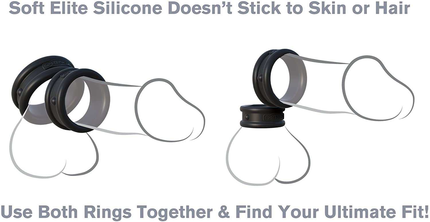 C-Ringz Max-Width Silicone Cock Rings in black, soft silicone, designed for enhanced stamina and comfort with dual ring use.