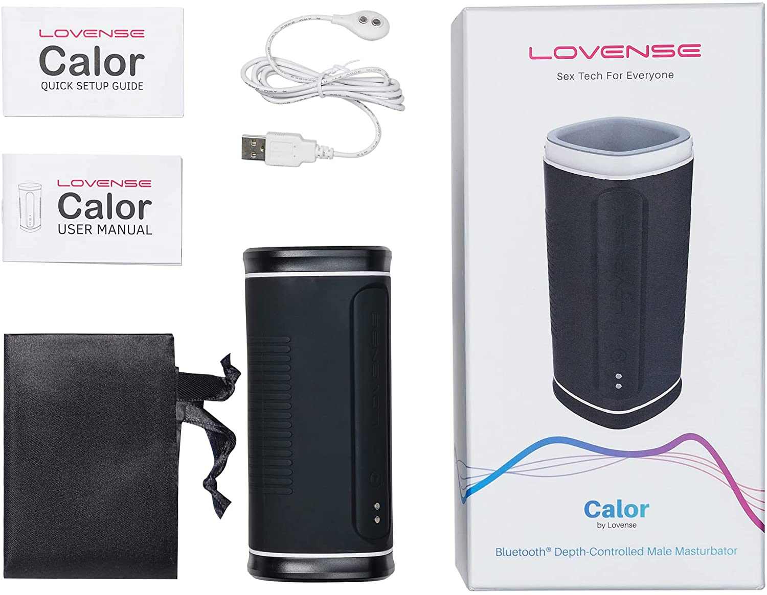 Lovense Calor App-Compatible Vibrating and Heating Masturbator with accessories and packaging.