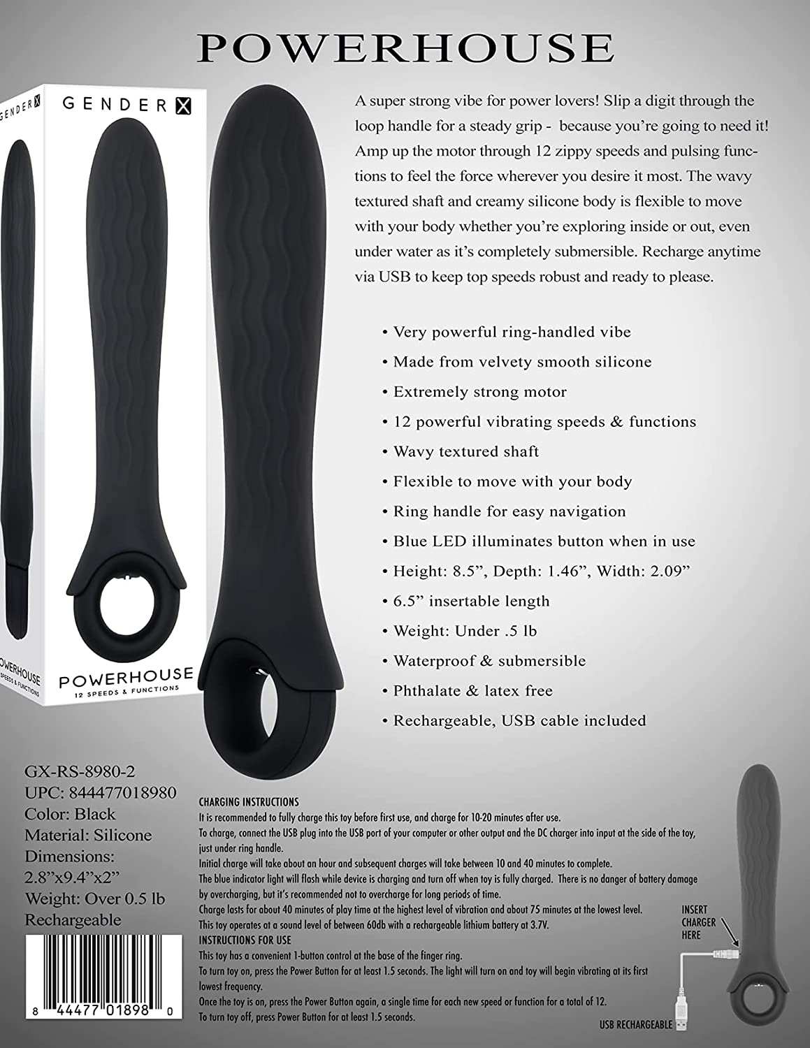 Gender X Powerhouse ring handle silicone vibrator with wavy textured shaft, rechargeable, waterproof, 12 vibration modes
